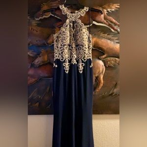NWOT! Xscape Sequined Royal Blue and Gold formal/prom gown. Gorgeous!